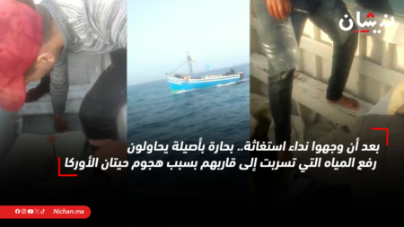 بحارة بأصيلة يحاولون رفع المياه التي تسربت إلى قاربهم بسبب هجوم حيتان الأوركا